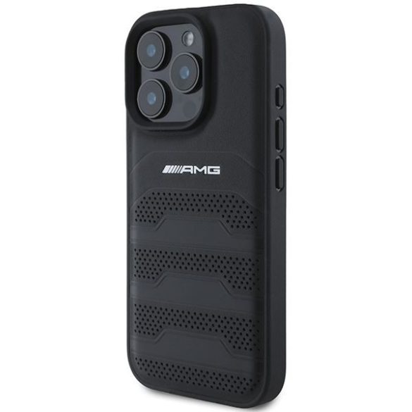 AMG AMHCP16LGSEBK Leather Debossed Lines Black Logo keménytok iPhone 16 Pro - fekete