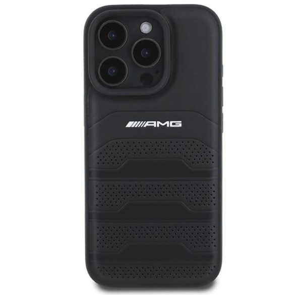 AMG AMHCP16LGSEBK Leather Debossed Lines Black Logo keménytok iPhone 16 Pro - fekete