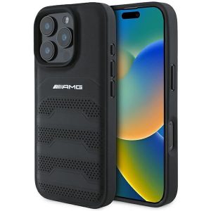 AMG AMHCP16XGSEBK Leather Debossed Lines Black Logo keménytok iPhone 16 Pro Max - fekete