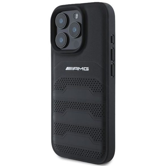 AMG AMHCP16XGSEBK Leather Debossed Lines Black Logo keménytok iPhone 16 Pro Max - fekete