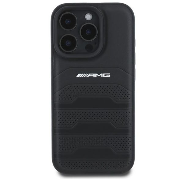 AMG AMHCP16XGSEBK Leather Debossed Lines Black Logo keménytok iPhone 16 Pro Max - fekete