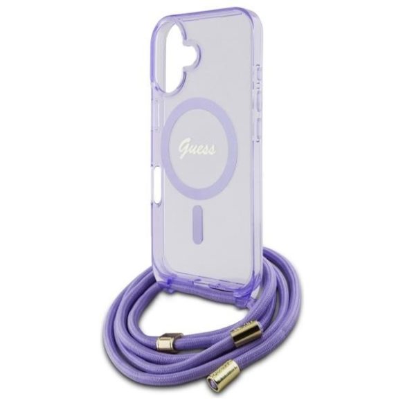 Guess GUHMP16SHCTSGNSU Crossbody Cord Script MagSafe MagSafe-kompatibilis keménytok iPhone 16 - lila