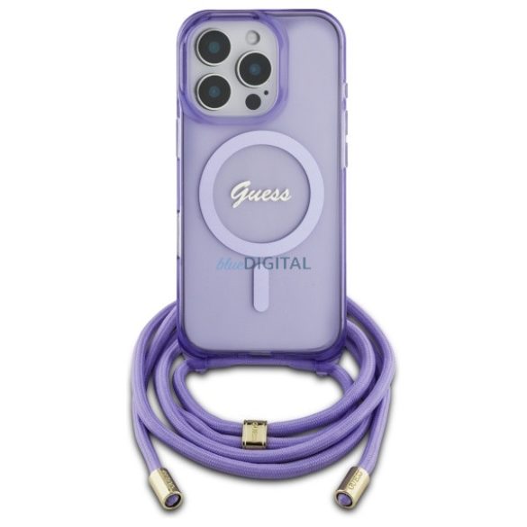 Guess GUHMP16LHCTSGNSU Crossbody Cord Script MagSafe MagSafe-kompatibilis keménytok iPhone 16 Pro - lila