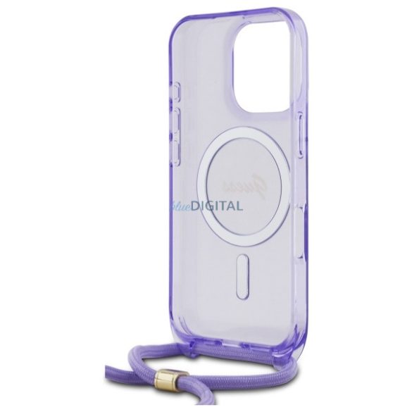 Guess GUHMP16LHCTSGNSU Crossbody Cord Script MagSafe MagSafe-kompatibilis keménytok iPhone 16 Pro - lila