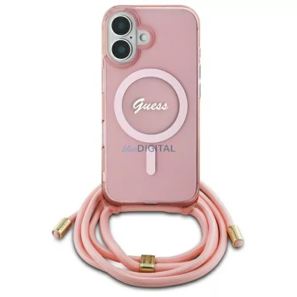 Guess GUHMP16SHCTSGNSP Crossbody Cord Script MagSafe MagSafe-kompatibilis keménytok iPhone 16 - rózsaszín