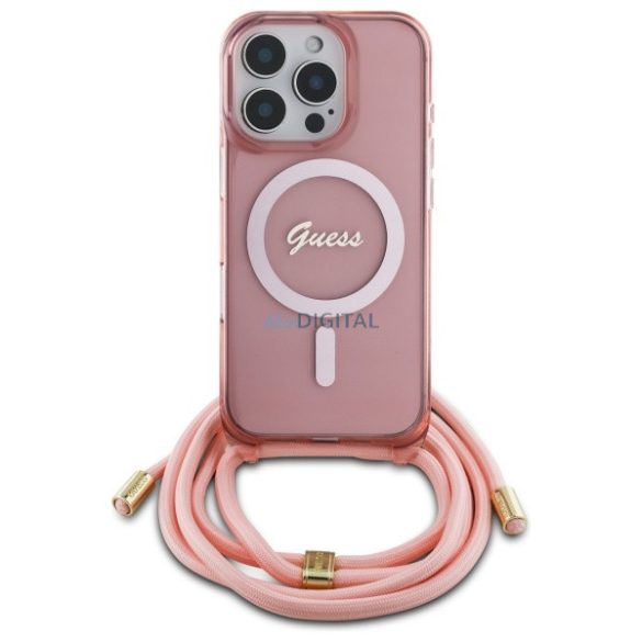 Guess GUHMP16LHCTSGNSP Crossbody Cord Script MagSafe MagSafe-kompatibilis keménytok iPhone 16 Pro - rózsaszín