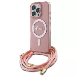  Guess GUHMP16XHCTSGNSP Crossbody Cord Script MagSafe MagSafe-kompatibilis keménytok iPhone 16 Pro Max - rózsaszín