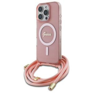Guess GUHMP16XHCTSGNSP Crossbody Cord Script MagSafe MagSafe-kompatibilis keménytok iPhone 16 Pro Max - rózsaszín
