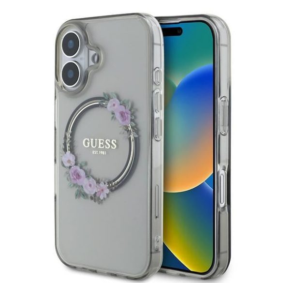 Guess GUHMP16SHFWFCK IML Flowers Wreath MagSafe keménytok iPhone 16 - átlátszó mintás