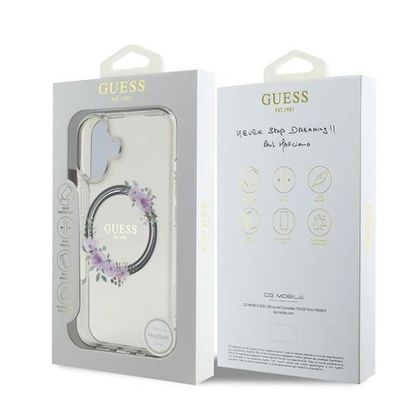 Guess GUHMP16SHFWFCK IML Flowers Wreath MagSafe keménytok iPhone 16 - átlátszó mintás