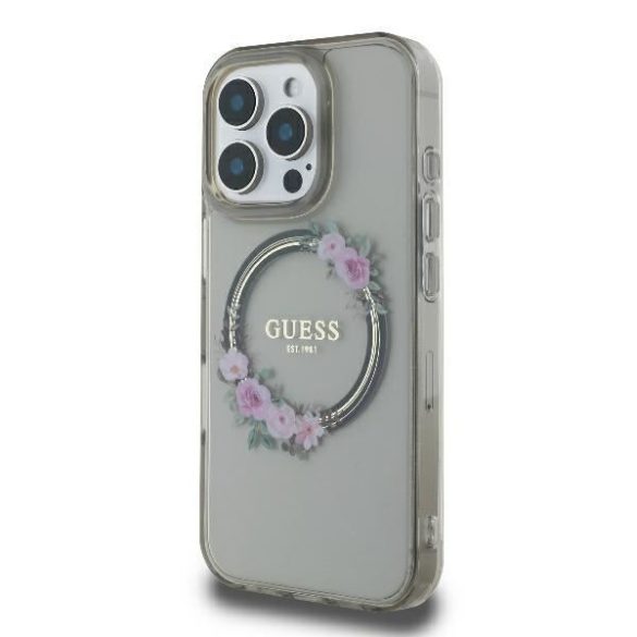 Guess GUHMP16LHFWFCK iPhone 16 Pro IML Flowers Wreath MagSafe keménytok - átlátszó mintás