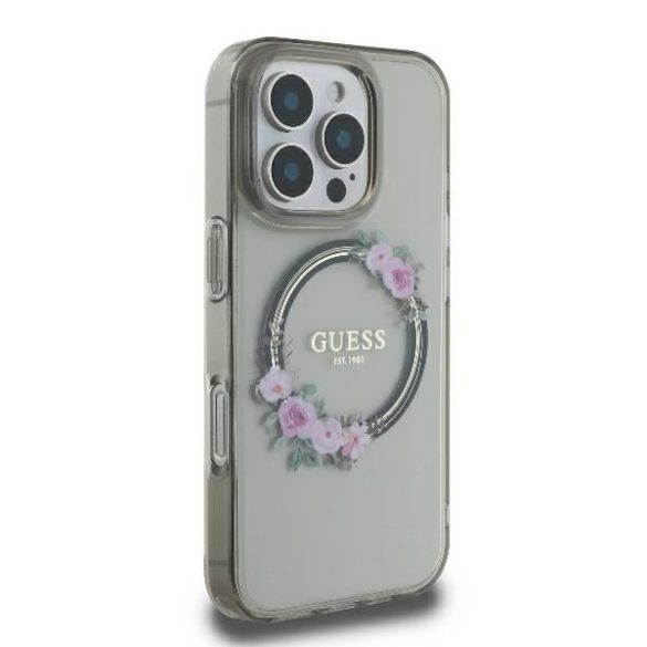 Guess GUHMP16LHFWFCK iPhone 16 Pro IML Flowers Wreath MagSafe keménytok - átlátszó mintás