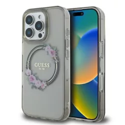   Guess GUHMP16XHFWFCK IML Flowers Wreath MagSafe-kompatibilis keménytok iPhone 16 Pro Max - szürke átlátszó