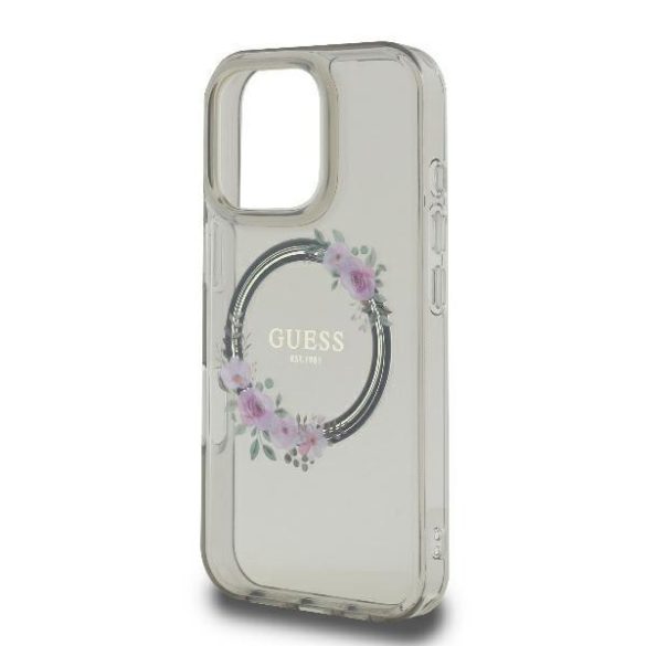 Guess GUHMP16XHFWFCK IML Flowers Wreath MagSafe-kompatibilis keménytok iPhone 16 Pro Max - szürke átlátszó