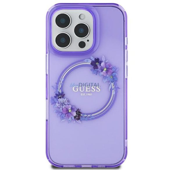 Guess GUHMP16SHFWFCU IML Flowers Wreath MagSafe keménytok iPhone 16 - lila