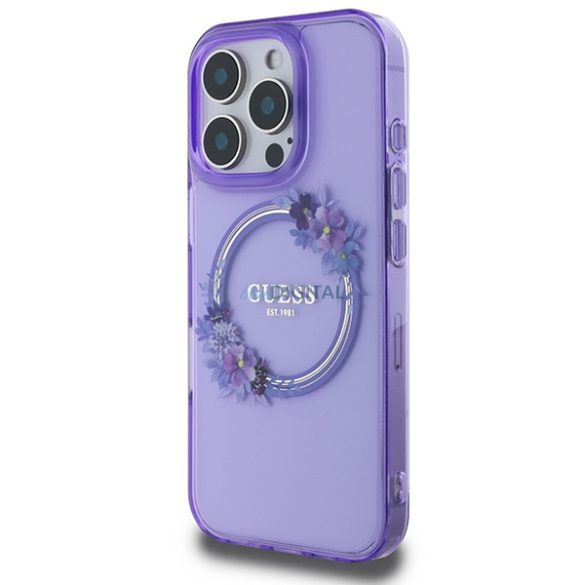 Guess GUHMP16LHFWFCU IML Flowers Wreath MagSafe keménytok iPhone 16 Pro - lila