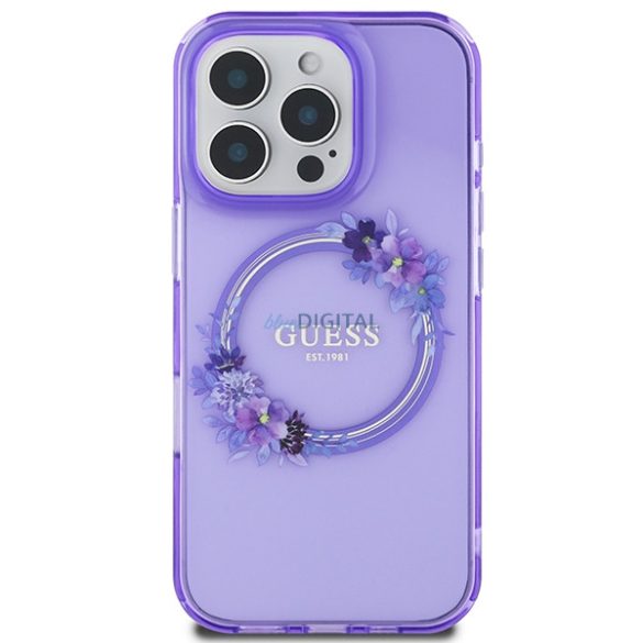 Guess GUHMP16LHFWFCU IML Flowers Wreath MagSafe keménytok iPhone 16 Pro - lila