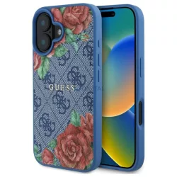   Guess GUHMP16SP4ROPEMCB 4G Flowers Print MagSafe-kompatibilis tok iPhone 16 - kék