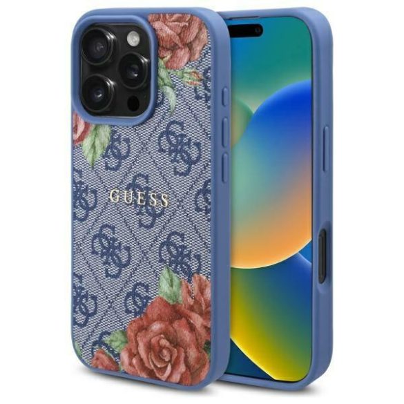 Guess GUHMP16SP4ROPEMCB 4G Flowers Print MagSafe-kompatibilis tok iPhone 16 - kék