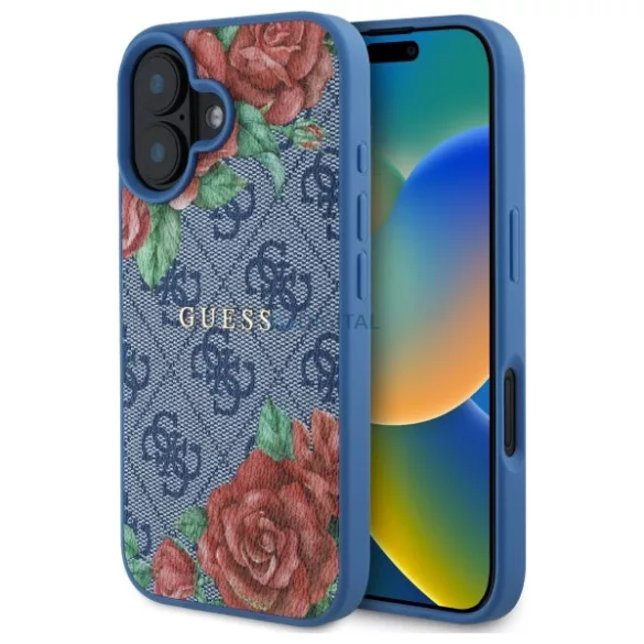 Guess GUHMP16SP4ROPEMCB 4G Flowers Print MagSafe-kompatibilis tok iPhone 16 - kék