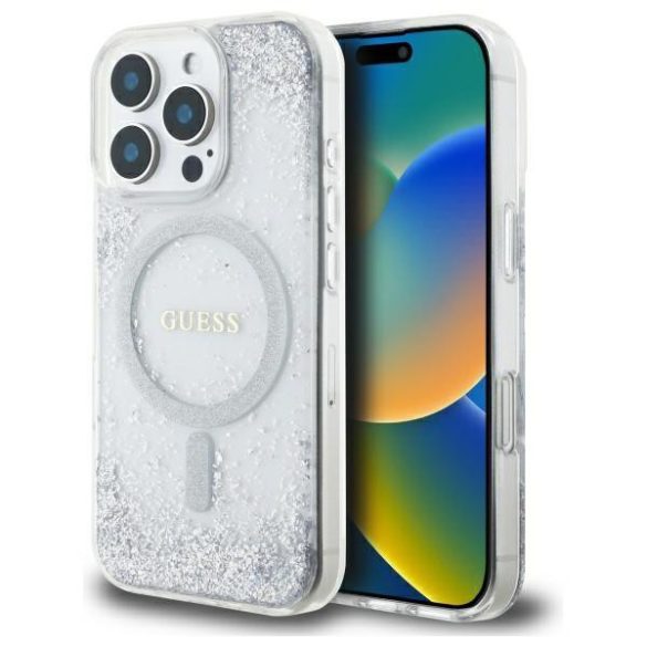 Guess GUHMP16LRGRGES Resin Gradient Glitter MagSafe-kompatibilis tok iPhone 16 Pro - ezüst színű