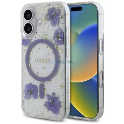   Tok Guess műanyag virágos, csillogó MagSafe tok iPhone 16, lila