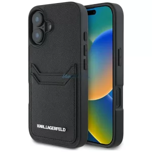 Karl Lagerfeld HC mintázott PU kártyatartós, hosszúkás fém tok iPhone 16, fekete