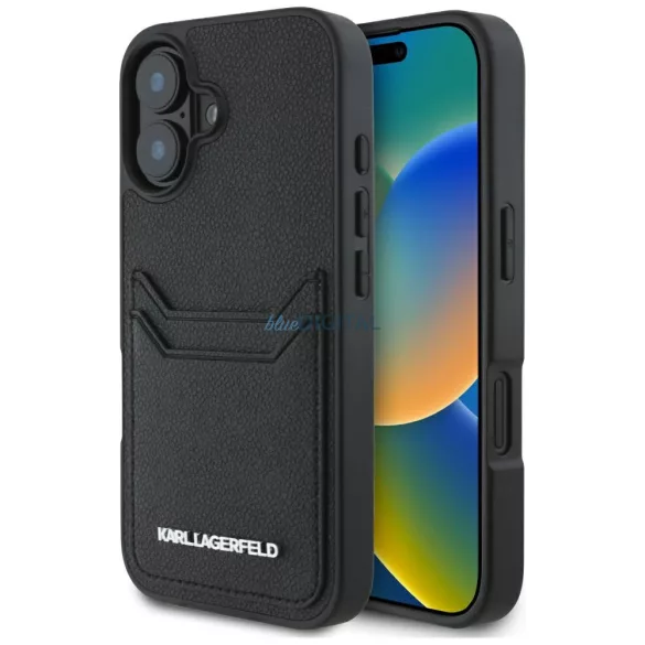 Karl Lagerfeld HC mintázott PU kártyatartós, hosszúkás fém tok iPhone 16, fekete