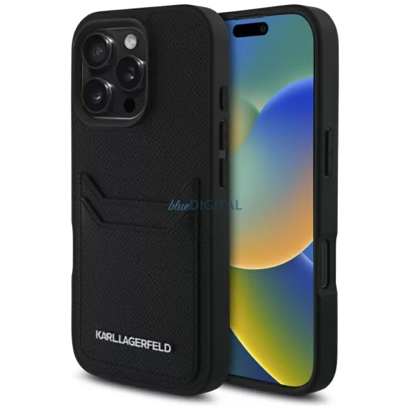 Karl Lagerfeld HC texturált PU kártyatartós, hosszúkás fém tok iPhone 16 Pro, fekete