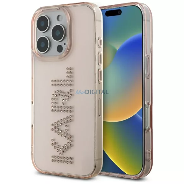 Karl Lagerfeld IML strasszos logós tok iPhone 16 Pro Max, rózsaszín