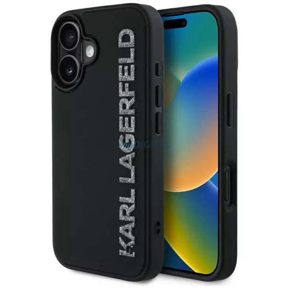 Karl Lagerfeld HC 3D gumiból készült, hosszúkás, csillogó tok iPhone 16, fekete