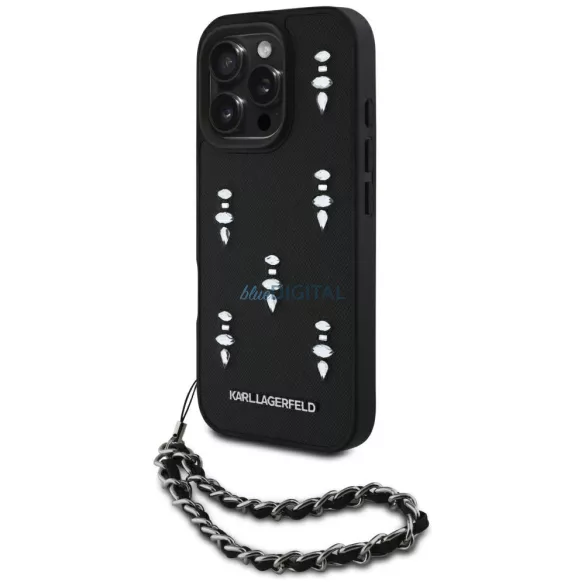 Karl Lagerfeld Saffiano Crystals tok lánccal iPhone 16 Pro, fekete