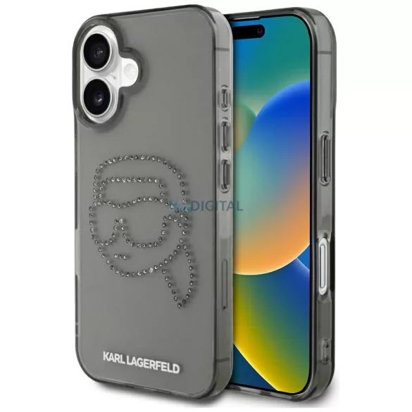 Karl Lagerfeld IML strasszos „Karl Head” tok iPhone 16, fekete