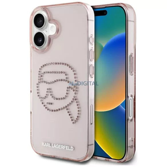 Karl Lagerfeld IML Rhinestones Karl Head tok iPhone 16 – rózsaszín
