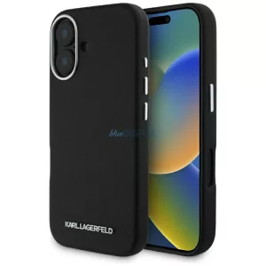 Karl Lagerfeld Saffiano teljes burkolatú, hosszúkás, fém logós MagSafe tok iPhone 16, fekete
