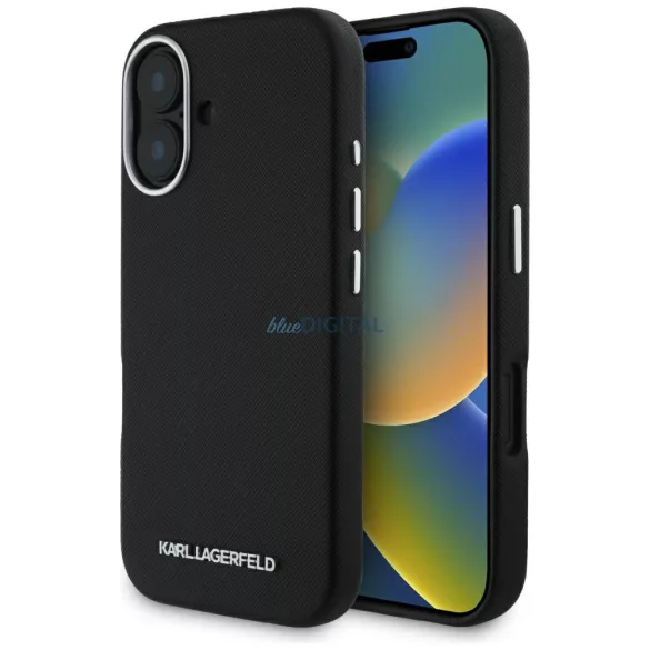 Karl Lagerfeld Saffiano teljes burkolatú, hosszúkás, fém logós MagSafe tok iPhone 16, fekete