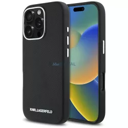  Karl Lagerfeld Saffiano teljes burkolatú, hosszúkás, fém logós MagSafe tok iPhone 16 Pro, fekete