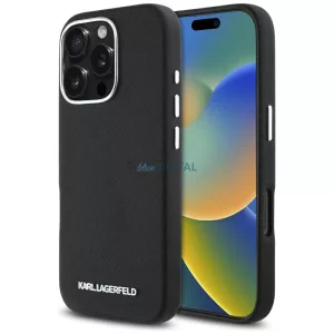 Karl Lagerfeld Saffiano teljes burkolatú, hosszúkás, fém logós MagSafe tok iPhone 16 Pro, fekete