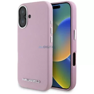 Karl Lagerfeld Saffiano teljes burkolatú, hosszúkás, fém logós MagSafe tok iPhone 16, rózsaszín