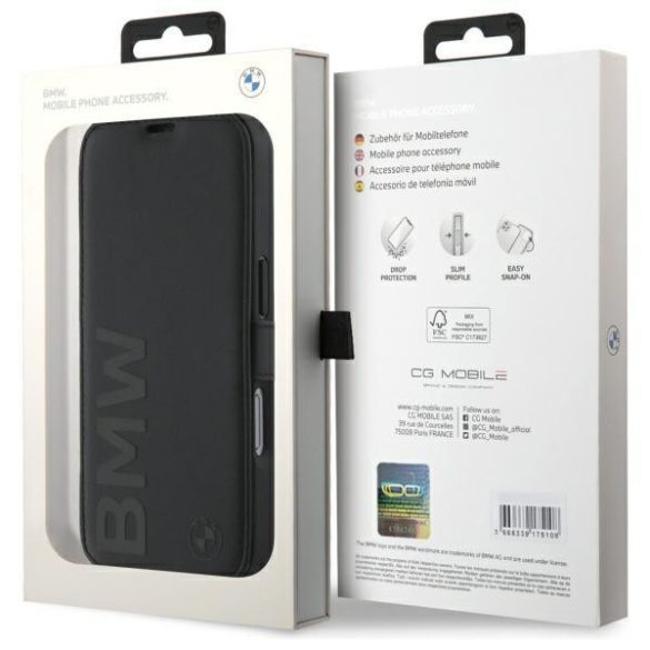 BMW BMBKP16S23RMRLK Signature Leather Wordmark könyvtok iPhone 16 - fekete