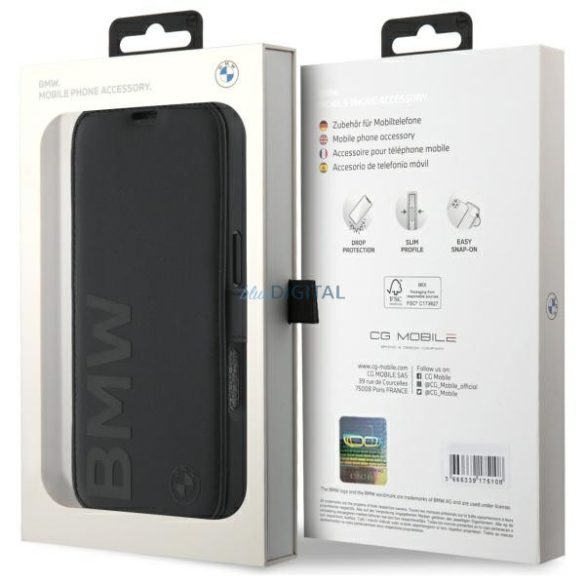 BMW BMBKP16L23RMRLK Signature Leather Wordmark könyvtok iPhone 16 Pro - fekete