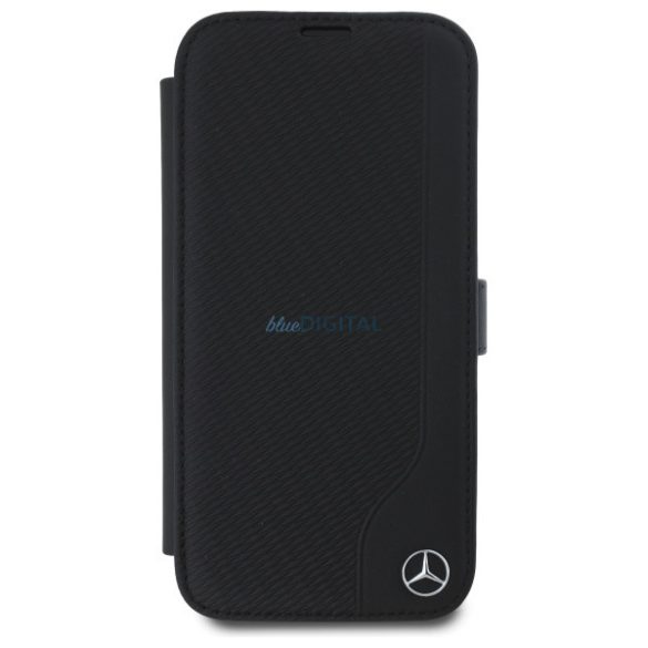 Mercedes MEBKP16L23RBGVK Leather Wood Imitation könyvtok iPhone 16 Pro - fekete