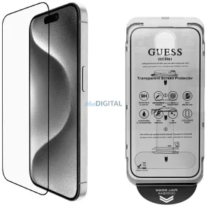 2 az 1-ben Guess BP strasszos képernyő- és kameraobjektív-védőüveg szett iPhone 16 Pro Max, ezüst színben