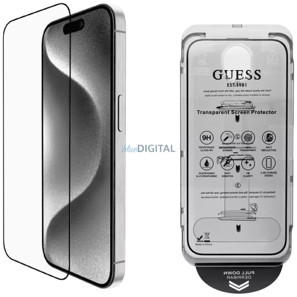 2 az 1-ben Guess BP strasszos képernyő- és kameraobjektív-védőüveg szett iPhone 16 Pro Max, ezüst színben