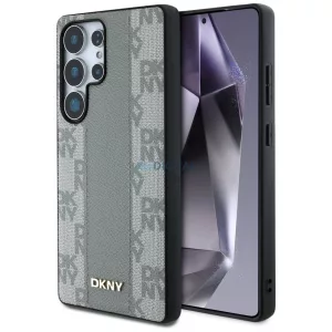 DKNY bőr, kockás mintás MagSafe tok Samsung Galaxy S25 Ultra, taupe színben