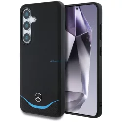   Mercedes bőr, kontrasztos kék, vízszintes íves MagSafe tok Samsung Galaxy S25, fekete