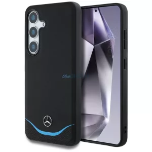 Mercedes bőr, kontrasztos kék, vízszintes íves MagSafe tok Samsung Galaxy S25, fekete
