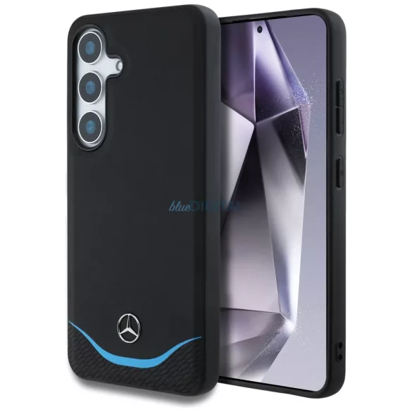 Mercedes bőr, kontrasztos kék, vízszintes íves MagSafe tok Samsung Galaxy S25, fekete