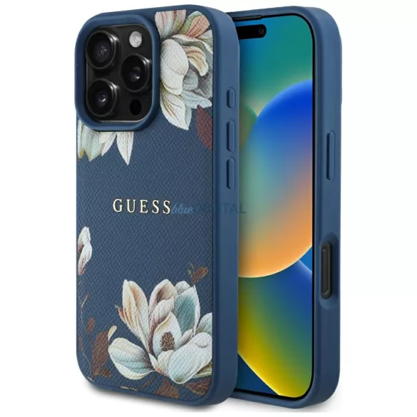 Tok Guess, szemcsés felületű, nyomtatott virágmintás MagSafe tok iPhone 16 Pro, kék