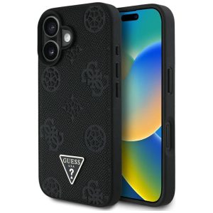 Guess GUHMP16SPGBTMK Grained Hot Stamp Peony Triangle Logo MagSafe-kompatibilis tok iPhone 16 - fekete